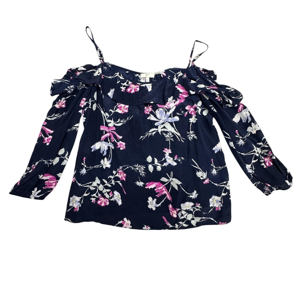 Joie Blouse Womens Small Blue Floral‎ Silk Cold Shoulder Ruffle Top Long Sleeve